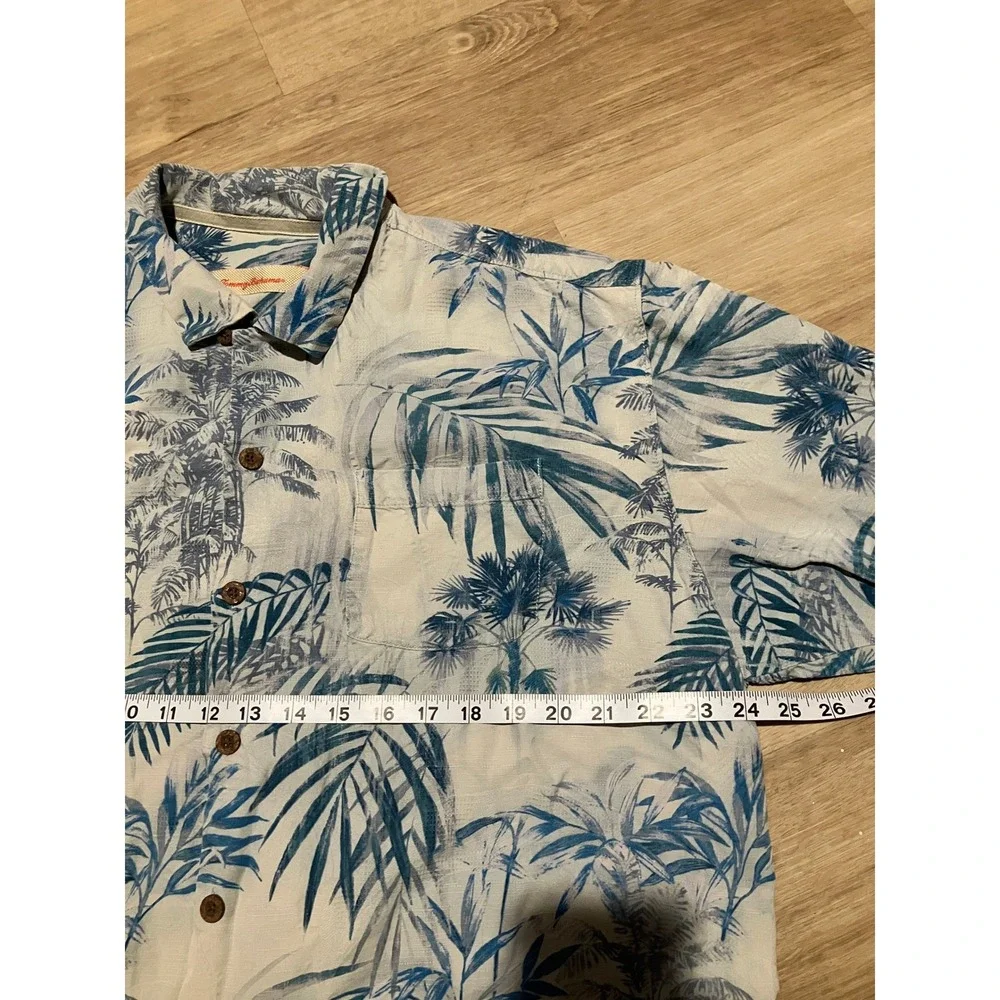 Tommy Bahama Mens XL Silk Camp Shirt Blue White Tropical Palm Tree Button Up